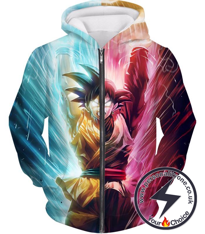 Dragon Ball Z Zip Up Hoodie - Half Black Goku Half Goku Spirit Bomb